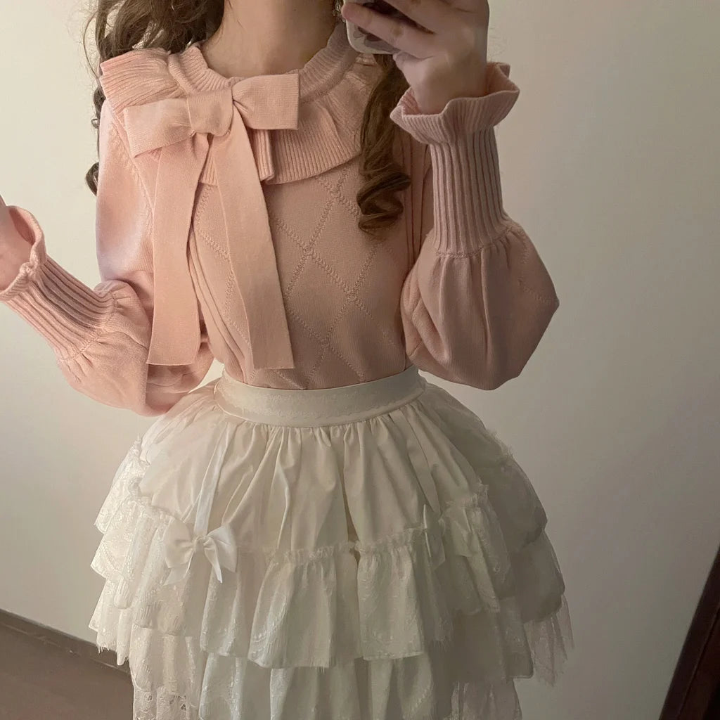 Crew Neck Sweater with Autumn and Winter Base Cute Bubble Sleeve Lolita Sweater Knitted Warm Inner Blouse