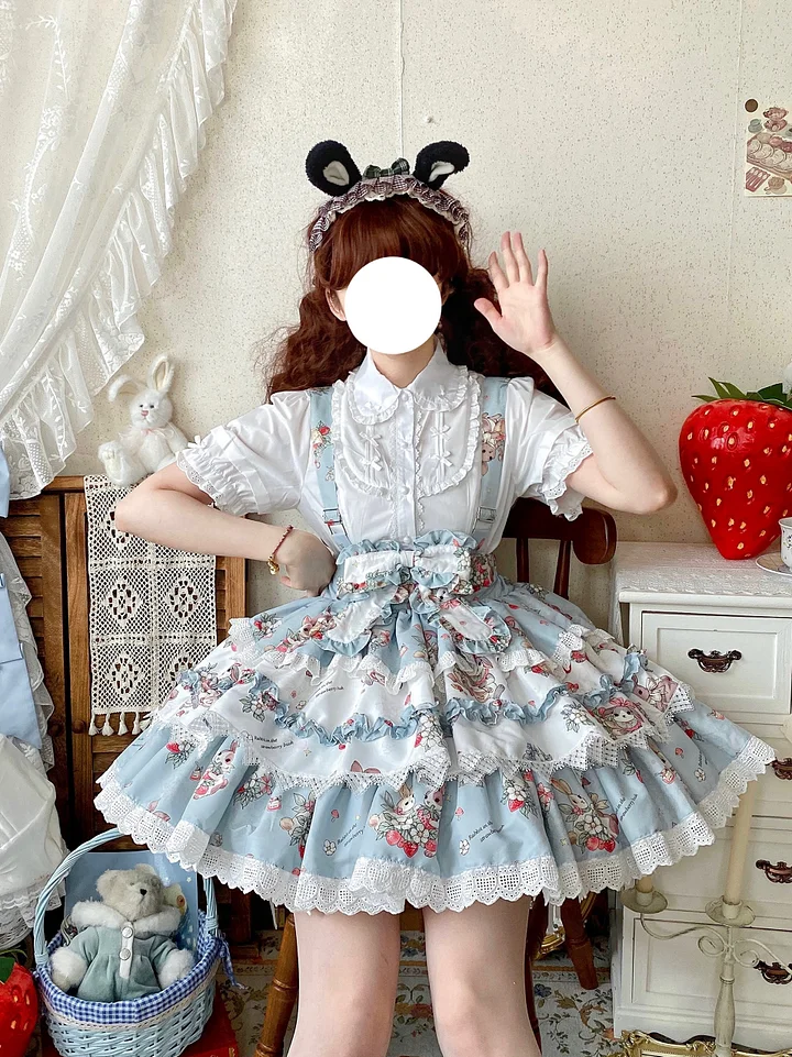 Sweet Lolita Blue Pink Cute Bunny Strap Printed Cake Dress Bow Lace Skirt