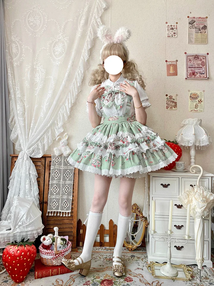 Sweet Lolita Blue Pink Cute Bunny Strap Printed Cake Dress Bow Lace Skirt
