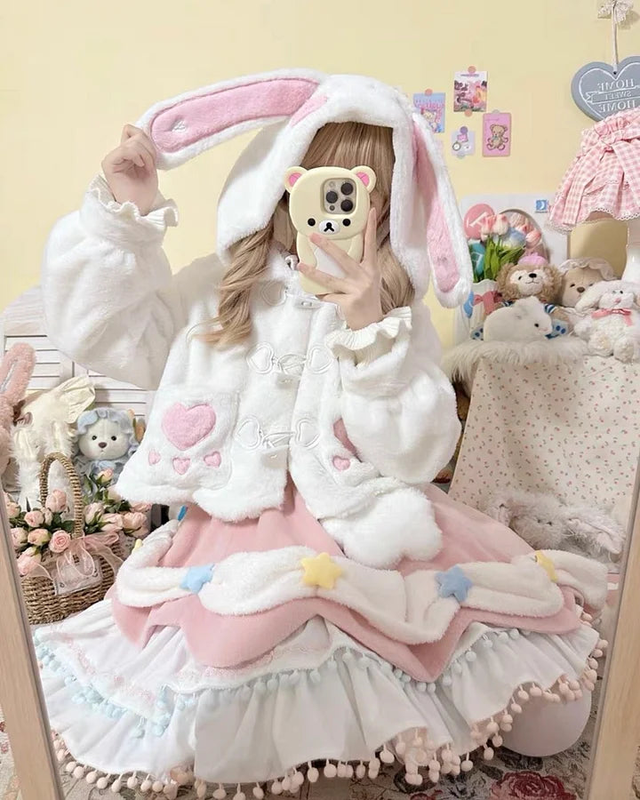 Cute Bunny's Ears Hooded Coat Winter Lolita Brushed Coat for Women
