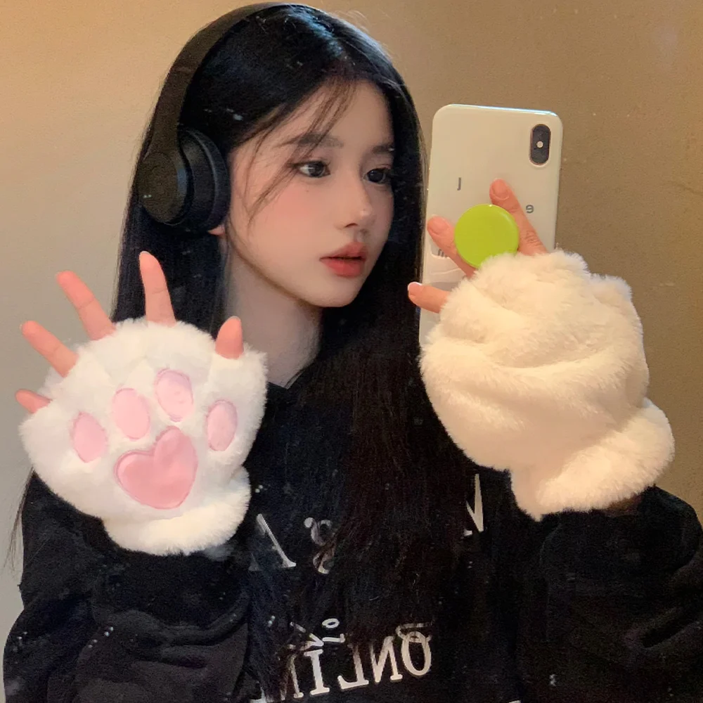 Cute Cat Claws Plush Gloves Female Autumn and Winter Students Thickened Warm Fingers