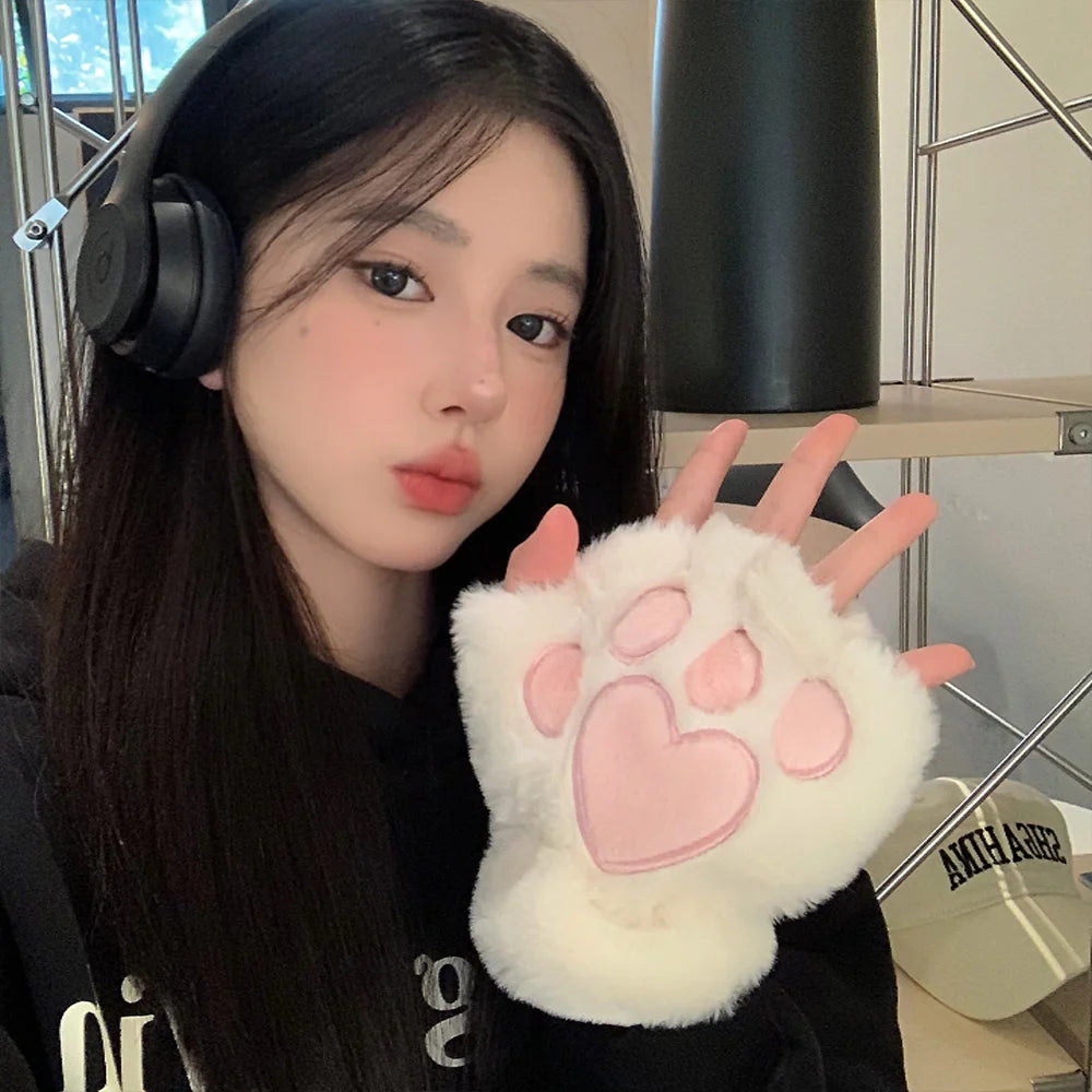 Cute Cat Claws Plush Gloves Female Autumn and Winter Students Thickened Warm Fingers