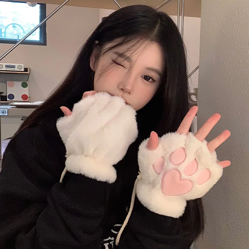 Cute Cat Claws Plush Gloves Female Autumn and Winter Students Thickened Warm Fingers