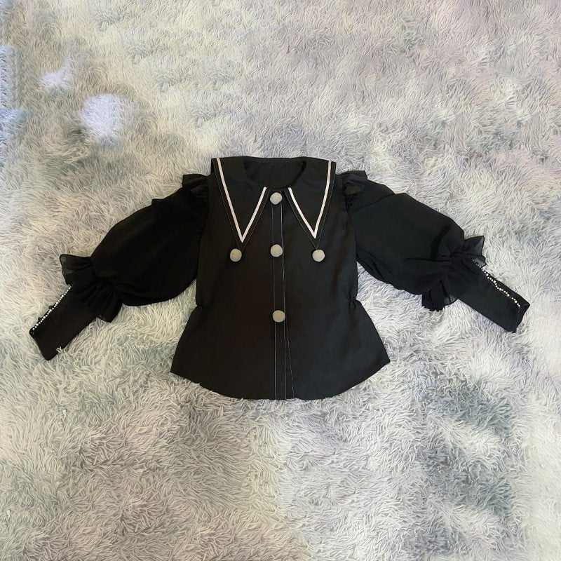 Cute Lolita Black Swan Long Sleeve POLO Neck Versatile Lolita Black Blouse Shirt