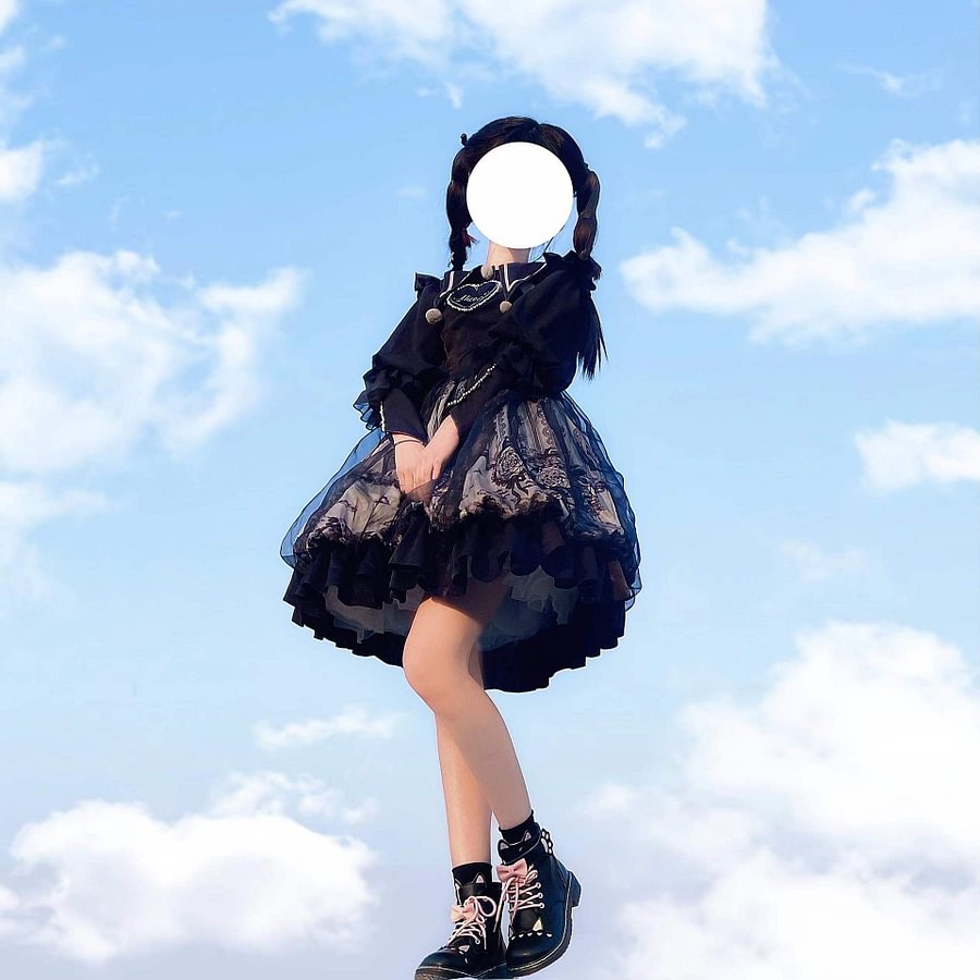 Cute Lolita Black Swan Long Sleeve POLO Neck Versatile Lolita Black Blouse Shirt