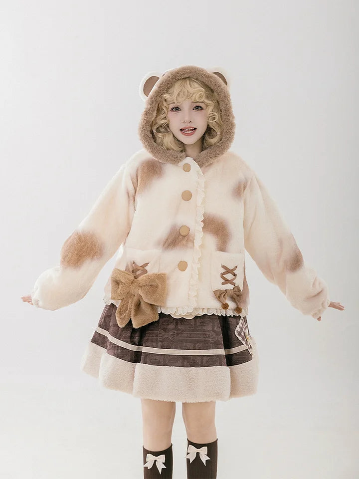Cute Plush Hooded Jacket Bear Ear Print Plush Jacket Warm Lolita Winter Lolita Coats