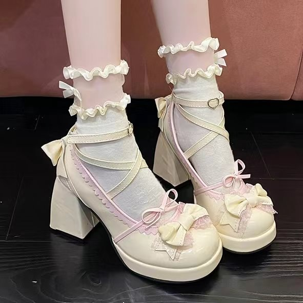 Lolita Shoes Cute Shoes for Women SweetsLolita Bow Mid heels Shoes Block Heels