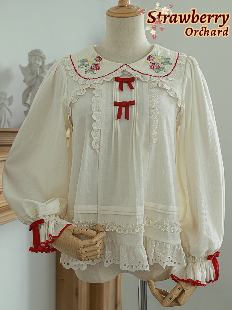 Lolita Blouses Apricot Cute Strawberry Light Long Sleeve with Inside Plus Size 3XL Shirt