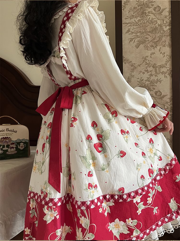 Lolita Blouses Apricot Cute Strawberry Light Long Sleeve with Inside Plus Size 3XL Shirt