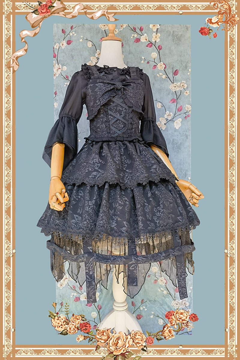 Gothic Lolita Dark Black Long Princess Sleeve Lace Dresses for Halloween