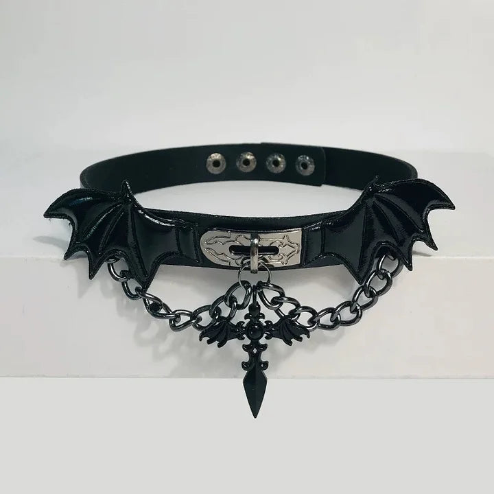 Dark Devil Wings Cross Pendant Leather Choker Gothic Halloween Necklace