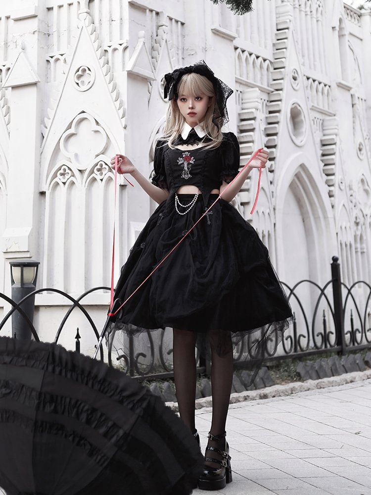 Dark Goth Lolita Rose Embroider Hollow Black Top Irregular Lower Skirt Set Lolita Dress