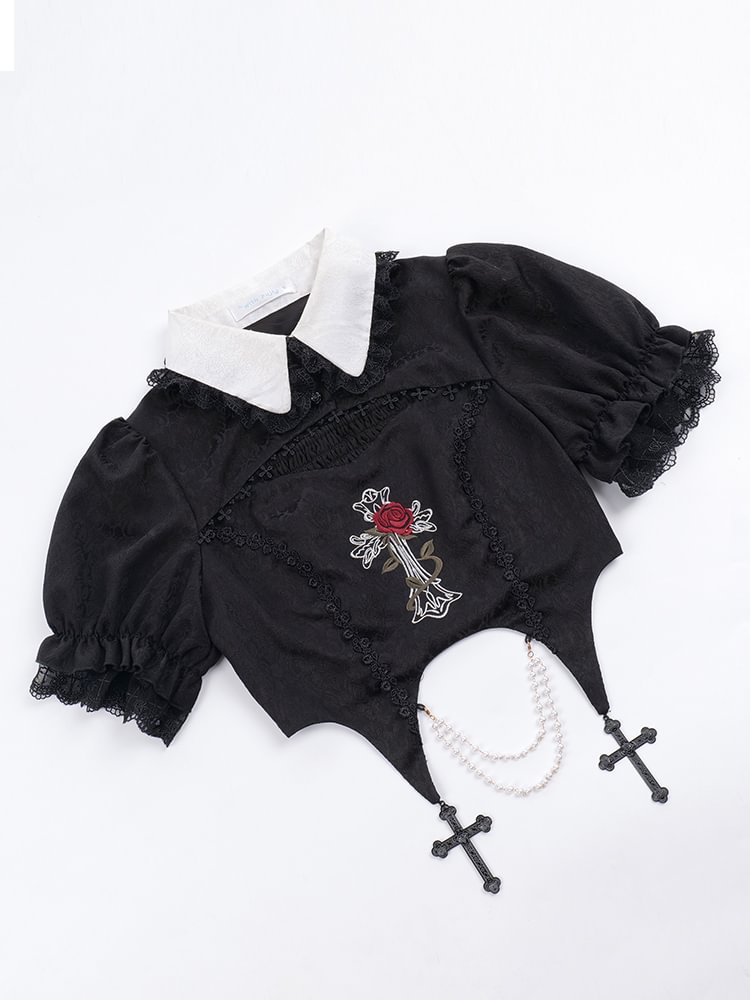 Dark Goth Lolita Rose Embroider Hollow Black Top Irregular Lower Skirt Set Lolita Dress