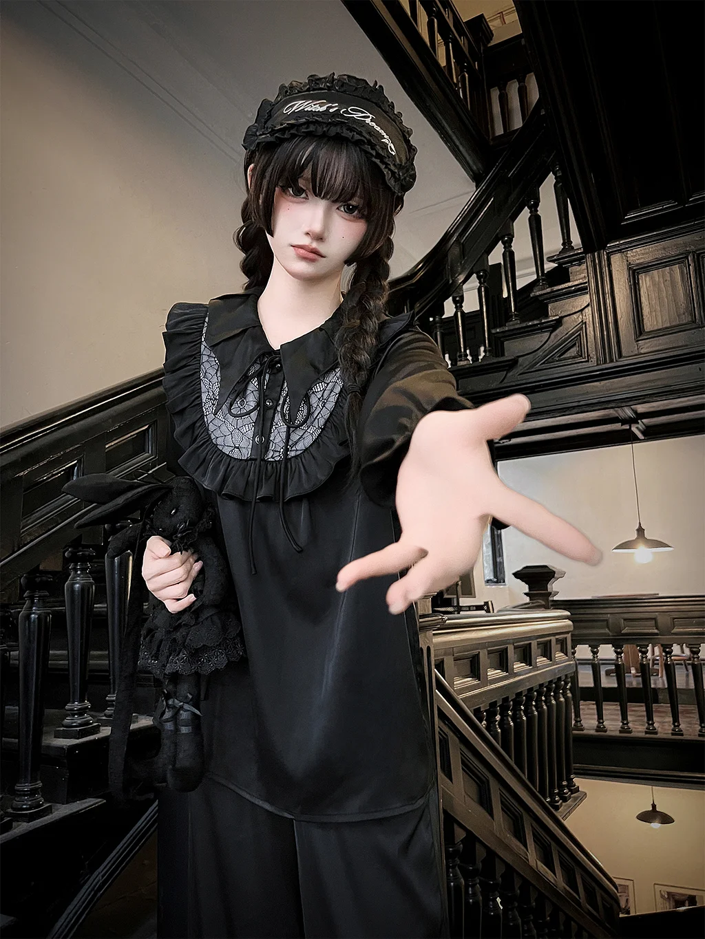 Dark Gothic Bat Neck Lantern Sleeve Velvet Dress OP Pajama Pajama Set