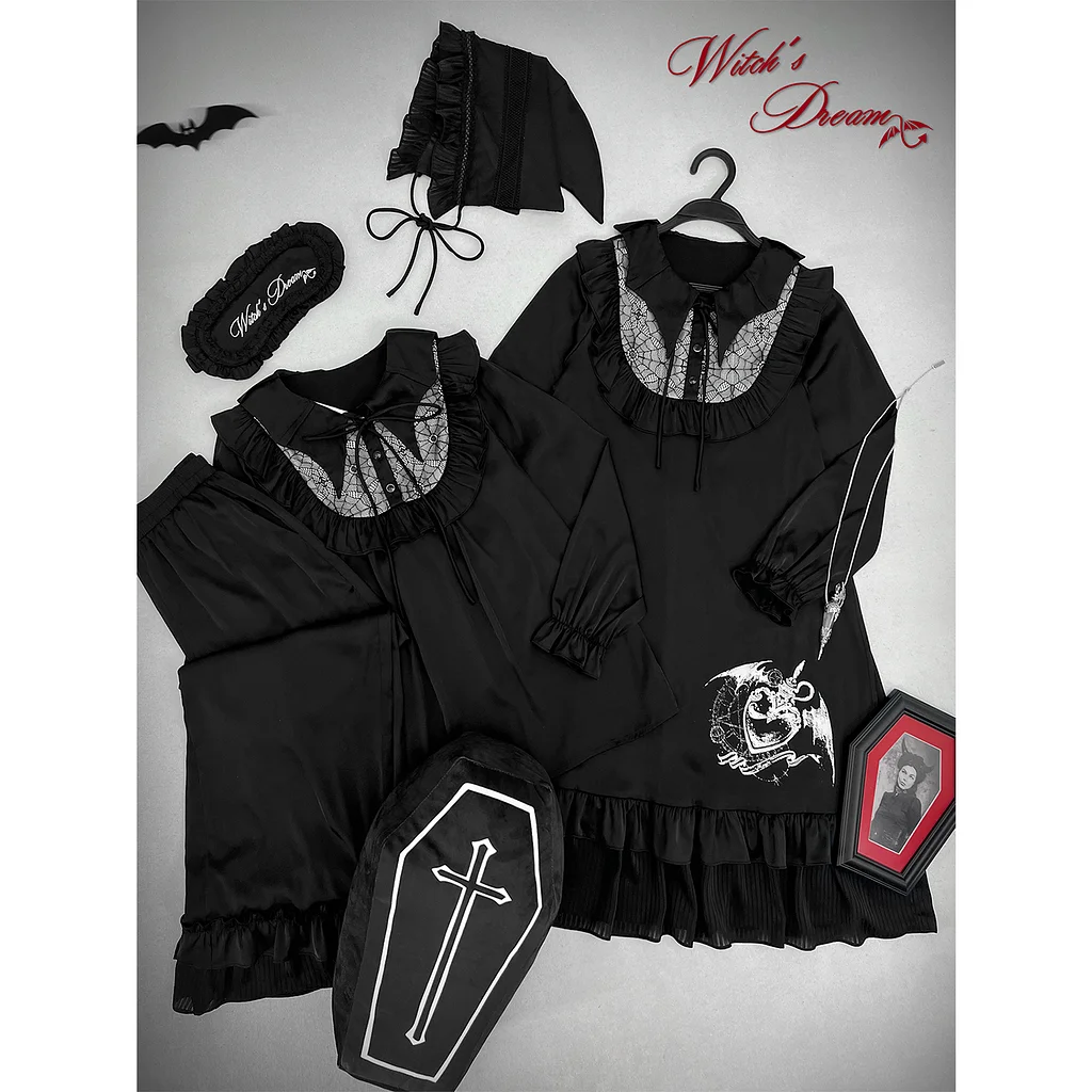 Dark Gothic Bat Neck Lantern Sleeve Velvet Dress OP Pajama Pajama Set
