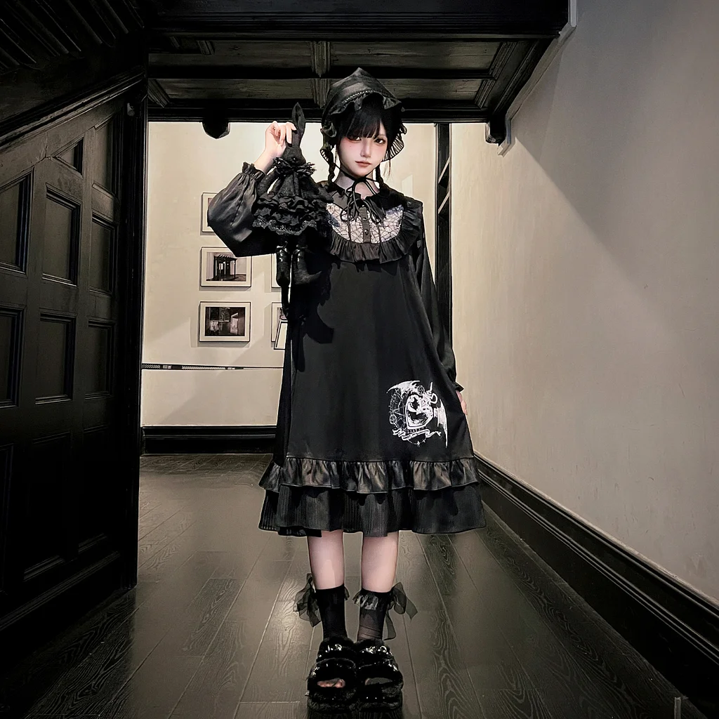 Dark Gothic Bat Neck Lantern Sleeve Velvet Dress OP Pajama Pajama Set