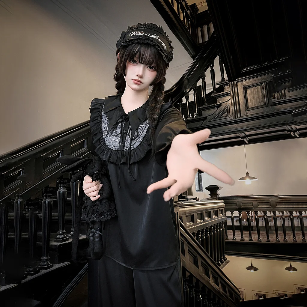 Dark Gothic Bat Neck Lantern Sleeve Velvet Dress OP Pajama Pajama Set