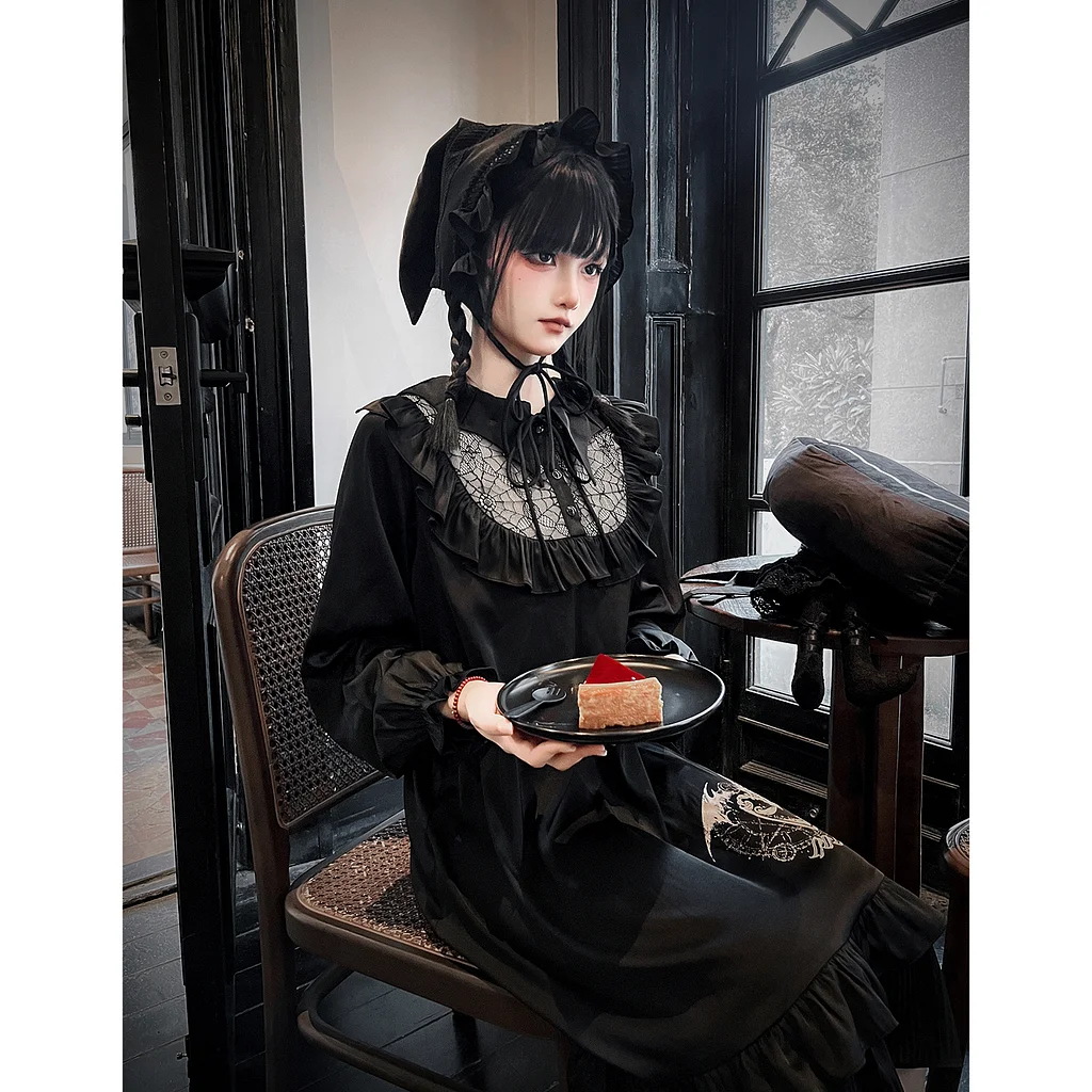 Dark Gothic Bat Neck Lantern Sleeve Velvet Dress OP Pajama Pajama Set