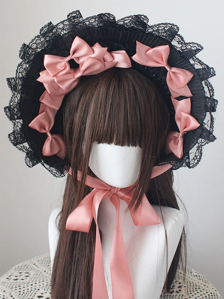 Dark Gothic Bonnet Hat Lace Bow White Pastoral Cute Lolita Headwear Accessories