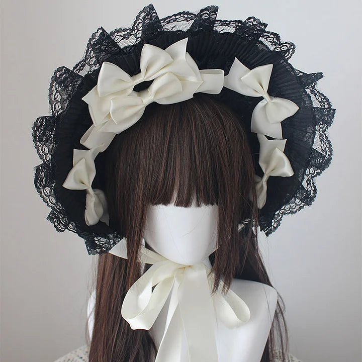 Dark Gothic Bonnet Hat Lace Bow White Pastoral Cute Lolita Headwear Accessories