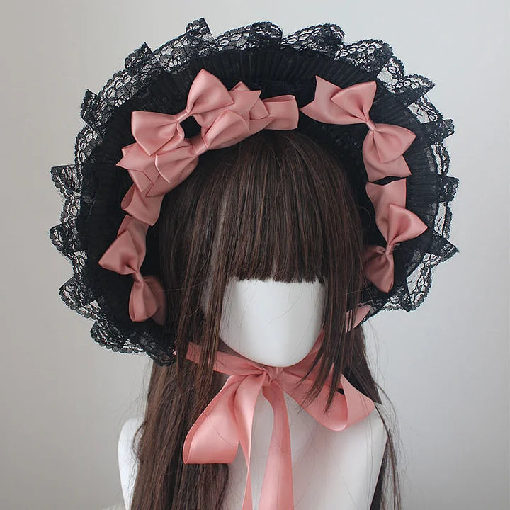 Dark Gothic Bonnet Hat Lace Bow White Pastoral Cute Lolita Headwear Accessories