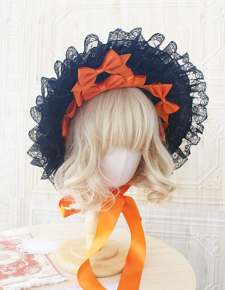 Dark Gothic Bonnet Hat Lace Bow White Pastoral Cute Lolita Headwear Accessories