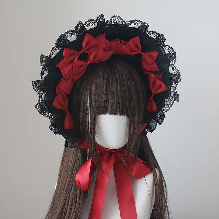 Dark Gothic Bonnet Hat Lace Bow White Pastoral Cute Lolita Headwear Accessories