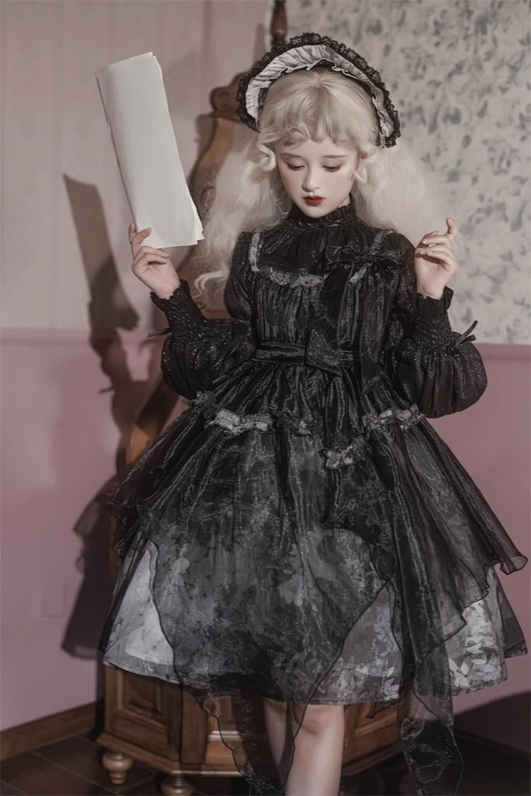 Dark Gothic Dress Elegant Print Lolita Long Sleeve Dress Halloween Costume