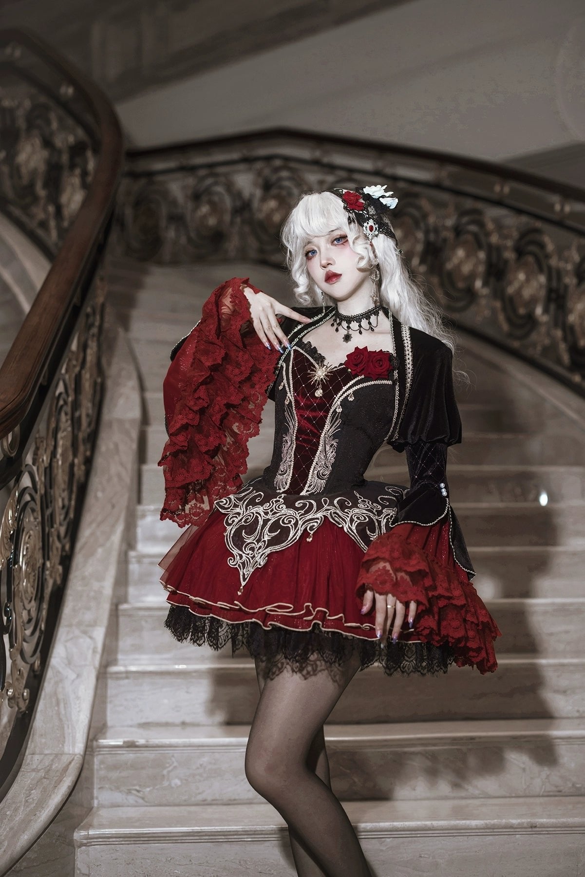 Dark Red Gothic Lolita JSK Set Daily Dress Rose Carf Skirt