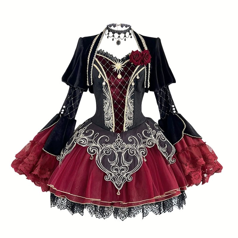 Dark Red Gothic Lolita JSK Set Daily Dress Rose Carf Skirt