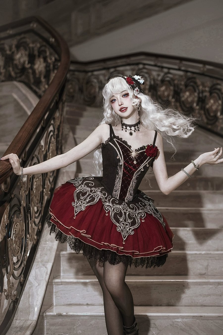 Dark Red Gothic Lolita JSK Set Daily Dress Rose Carf Skirt