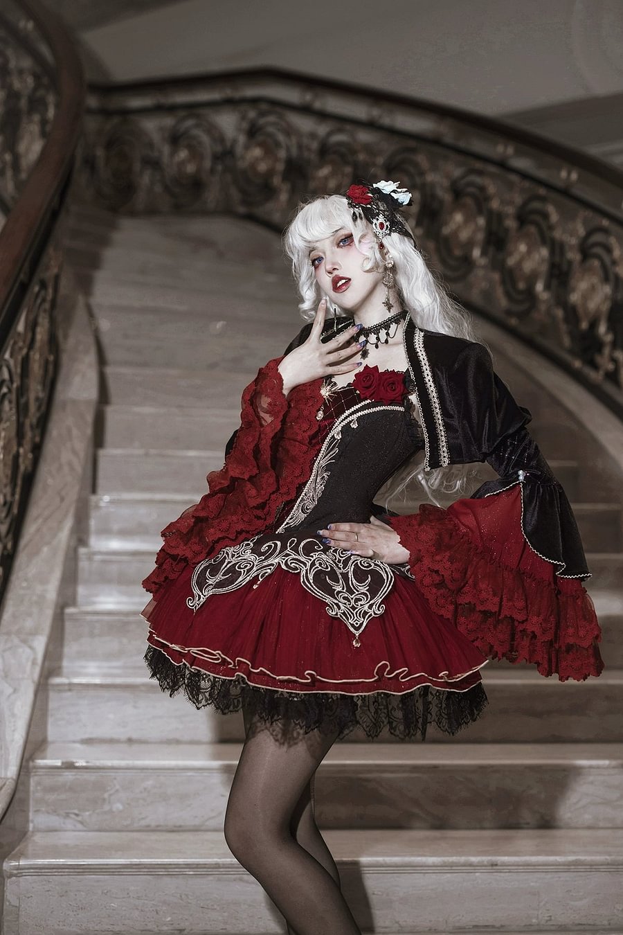 Dark Red Gothic Lolita JSK Set Daily Dress Rose Carf Skirt