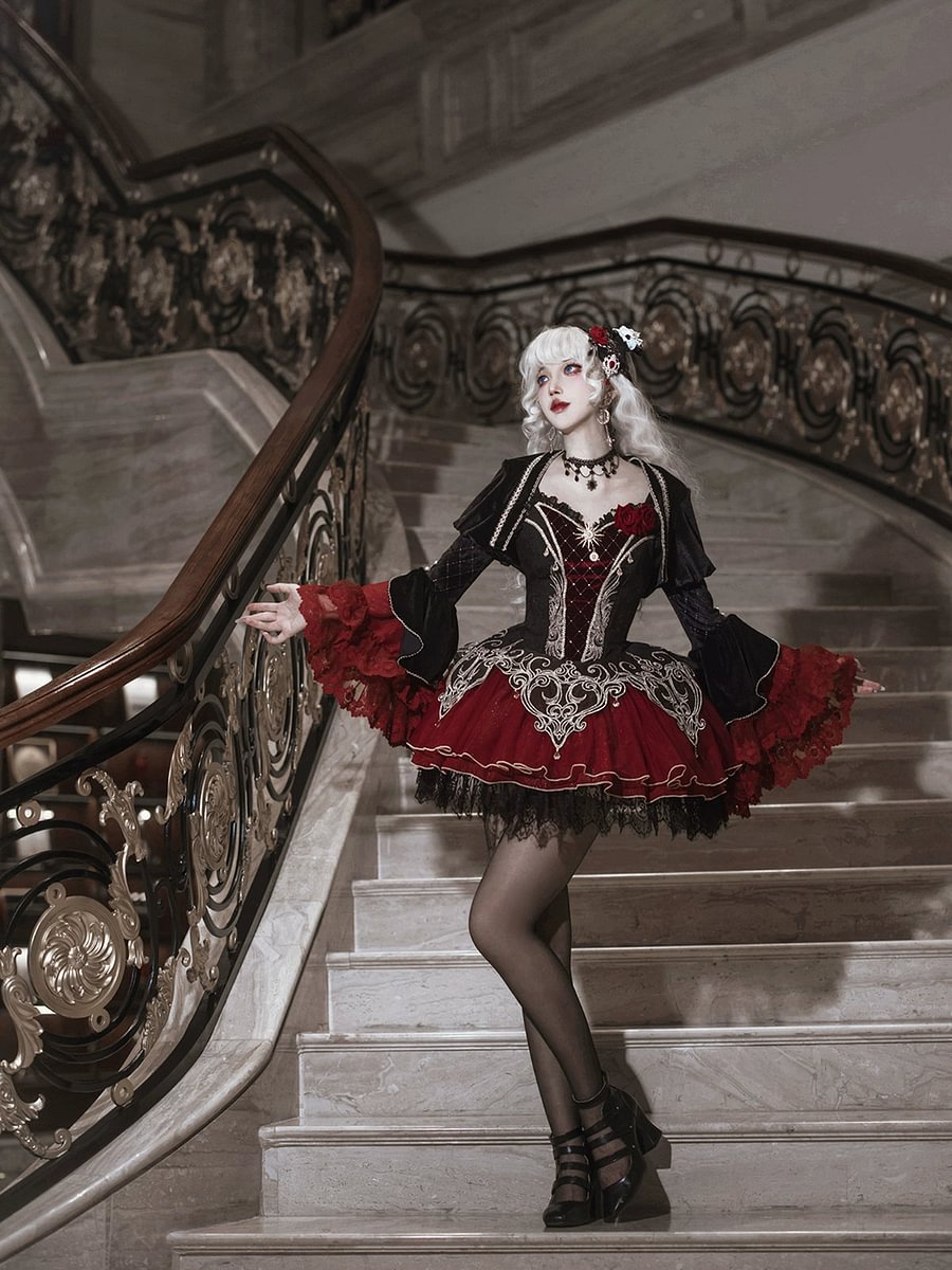Dark Red Gothic Lolita JSK Set Daily Dress Rose Carf Skirt