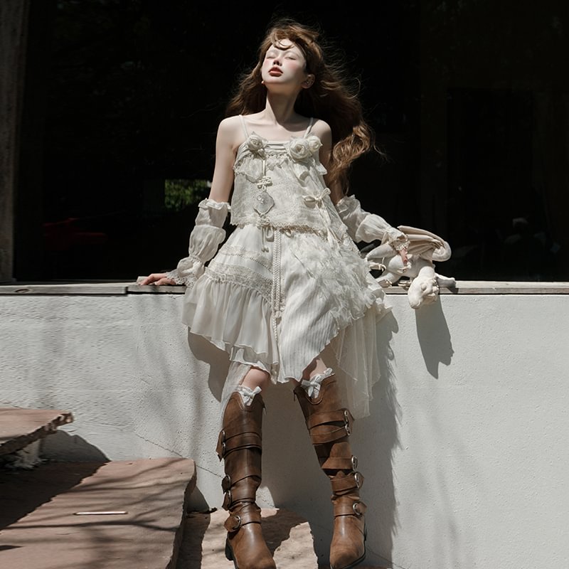 Dirty Fit Wasteland Style Cowboy Slip Dress Irregular Ivory Sleeveless Dress Punk