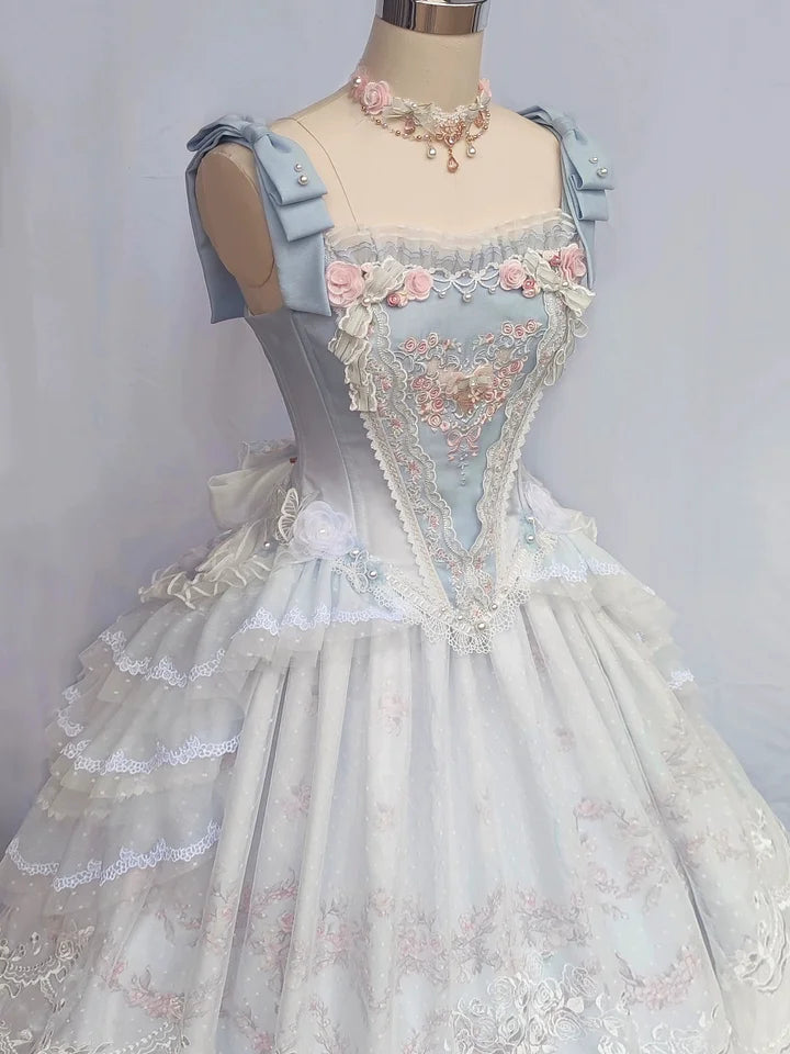 Hime Lolita Dream Light Blue Embroider Ruffle Lace Princess Dress Set JSK