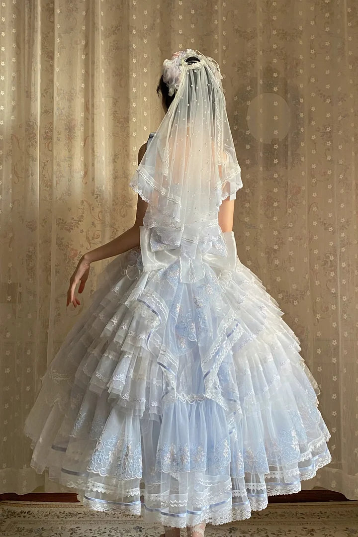Hime Lolita Dream Light Blue Embroider Ruffle Lace Princess Dress Set JSK