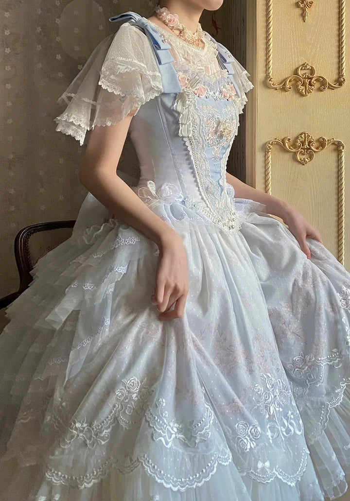 Hime Lolita Dream Light Blue Embroider Ruffle Lace Princess Dress Set JSK
