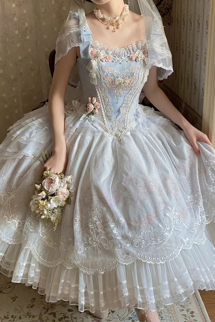 Hime Lolita Dream Light Blue Embroider Ruffle Lace Princess Dress Set JSK