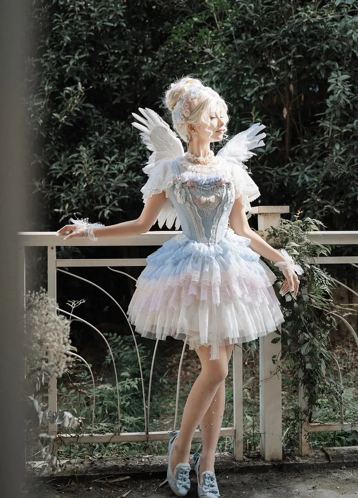 Hime Lolita Dream Light Blue Embroider Ruffle Lace Princess Dress Set JSK