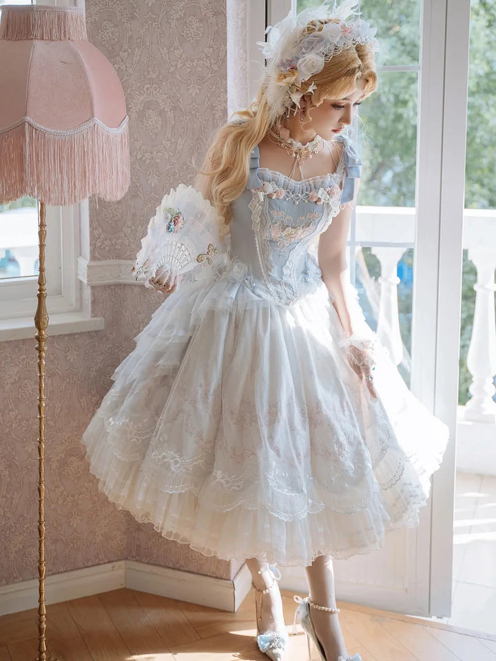 Hime Lolita Dream Light Blue Embroider Ruffle Lace Princess Dress Set JSK
