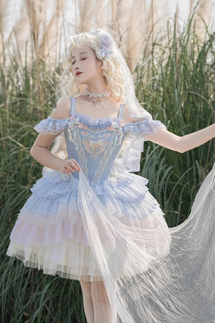Hime Lolita Dream Light Blue Embroider Ruffle Lace Princess Dress Set JSK