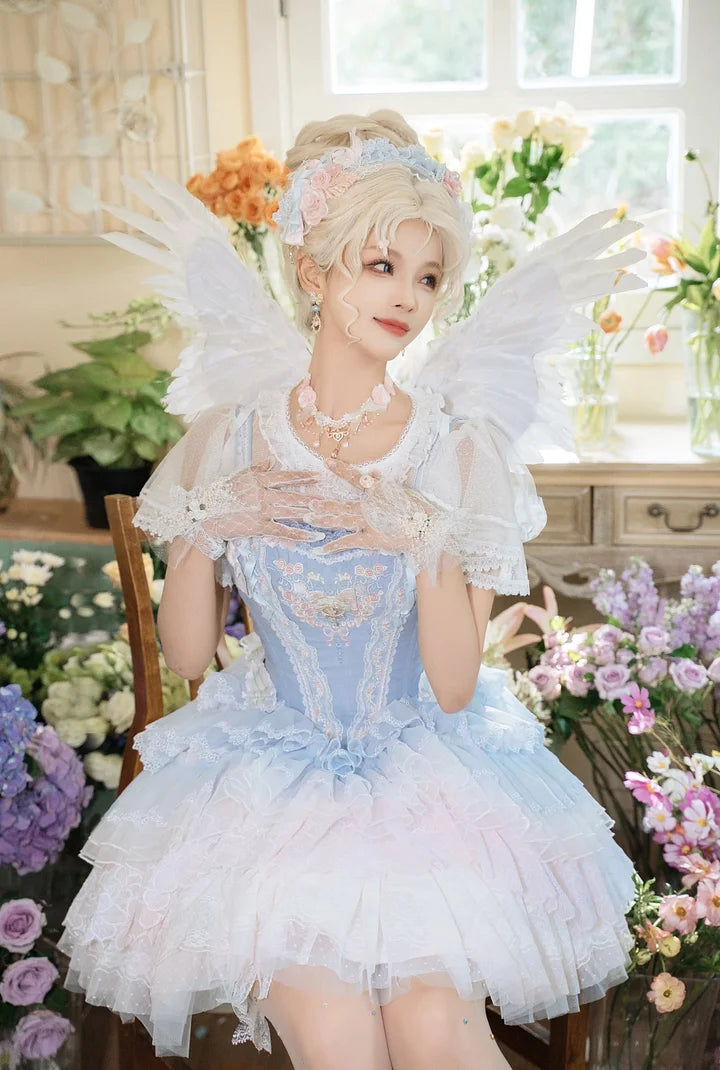 Hime Lolita Dream Light Blue Embroider Ruffle Lace Princess Dress Set JSK