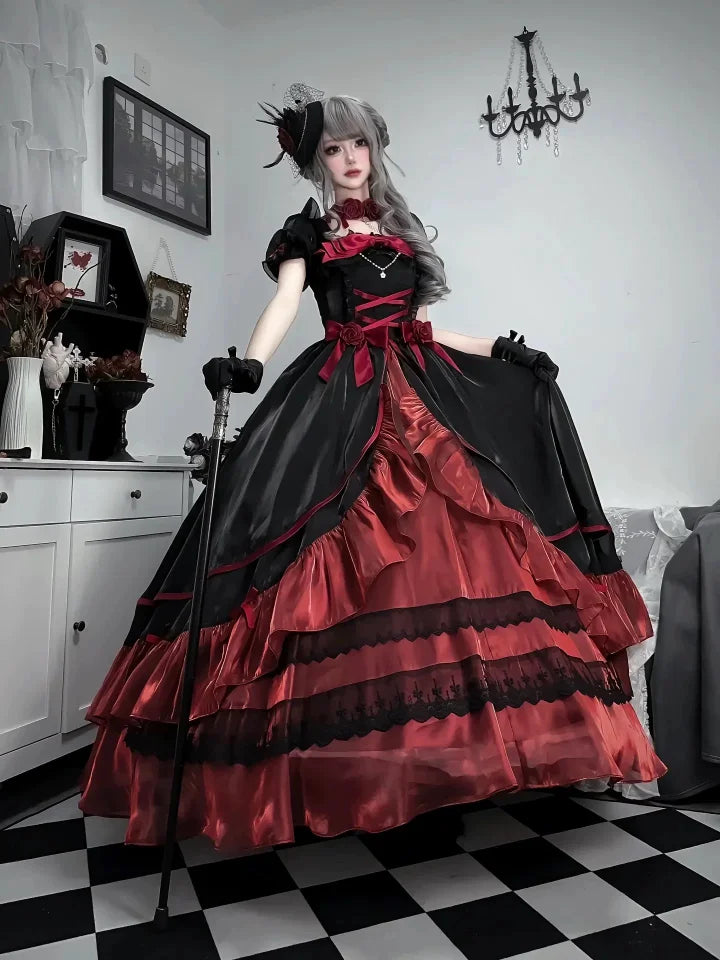 Elegant Fairy Princess Dress Birthday Prom Dress Ball Gown Black and Red Graduation Ceremony
