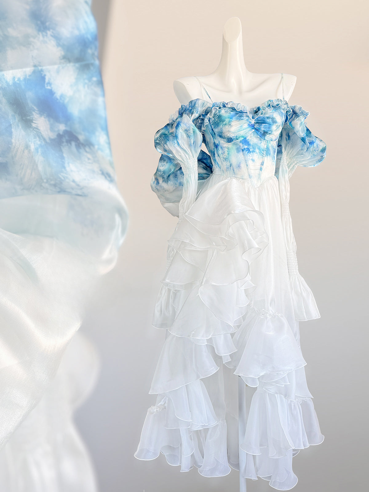 Wedding Lolita Dress Blue - White Tie - Dye Ruffled Off - Shoulder Summer JSK Gown