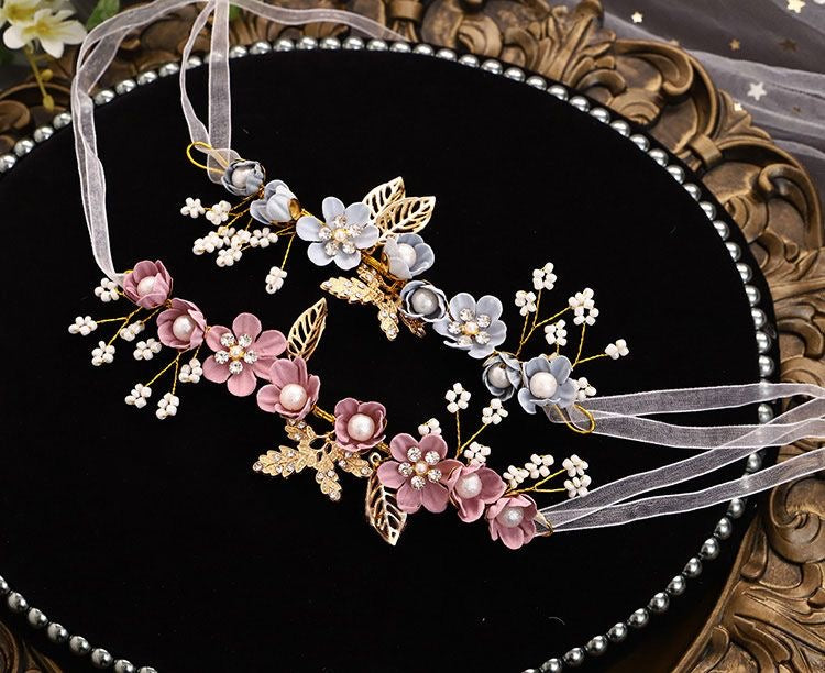 Lolita Hand Accessories Floral Bracelets Pearls Organza Strap Bridesmaid for Wedding