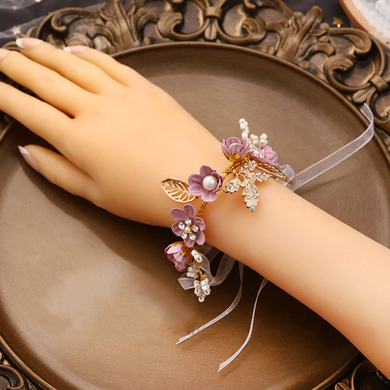 Lolita Hand Accessories Floral Bracelets Pearls Organza Strap Bridesmaid for Wedding