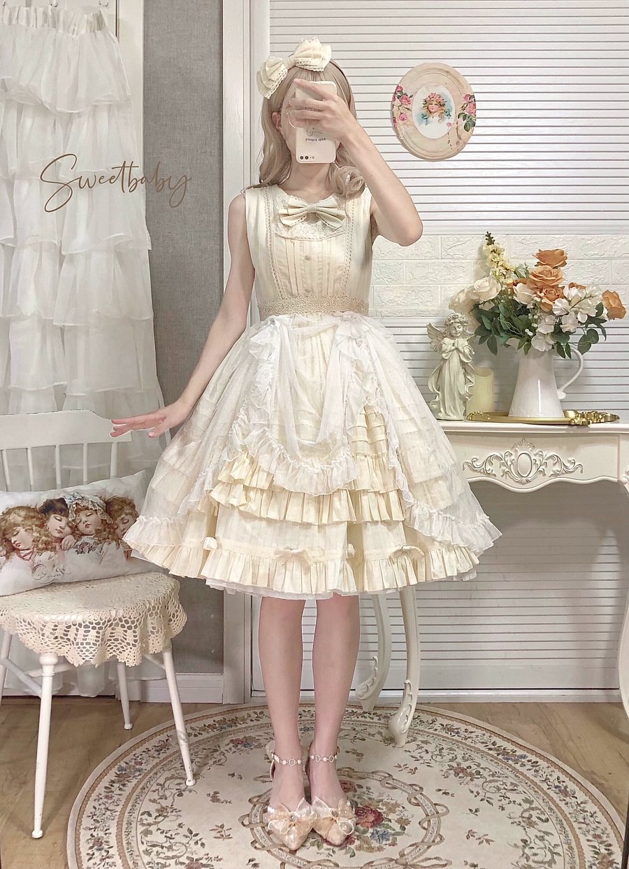 Elegant Ivory Ruffles Lolita Jumper Skirt Solid Color JSK Casual Coord