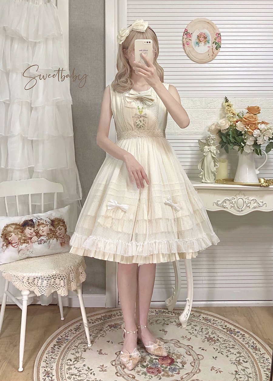 Elegant Ivory Ruffles Lolita Jumper Skirt Solid Color JSK Casual Coord