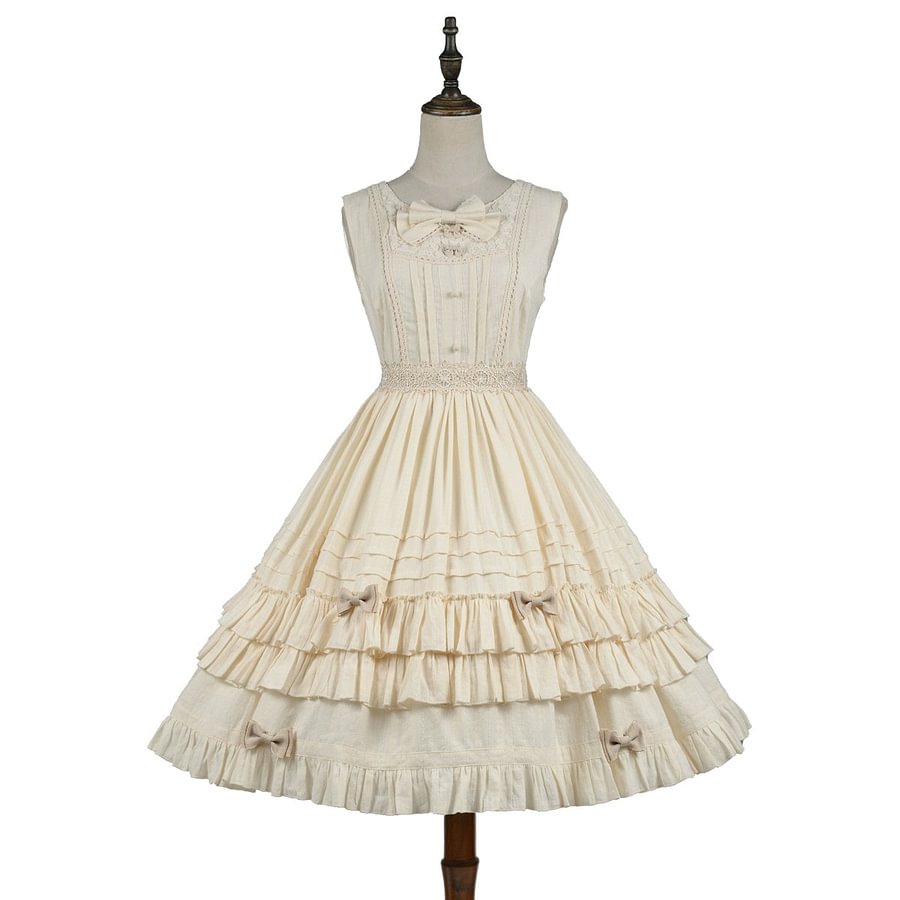 Elegant Ivory Ruffles Lolita Jumper Skirt Solid Color JSK Casual Coord