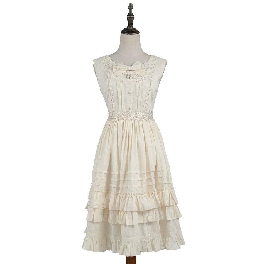 Elegant Ivory Ruffles Lolita Jumper Skirt Solid Color JSK Casual Coord